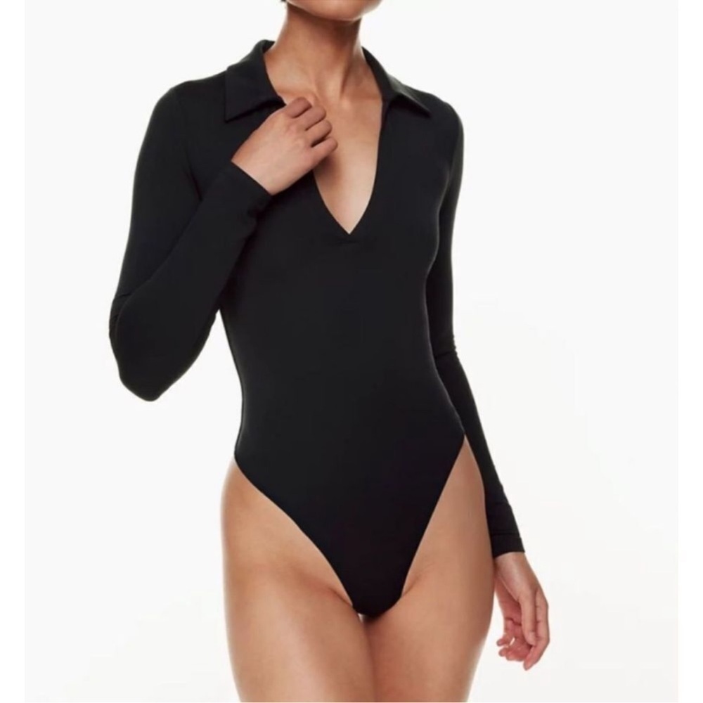 House of Harlow black ribbed bodysuit long sleeve collared collar Size L